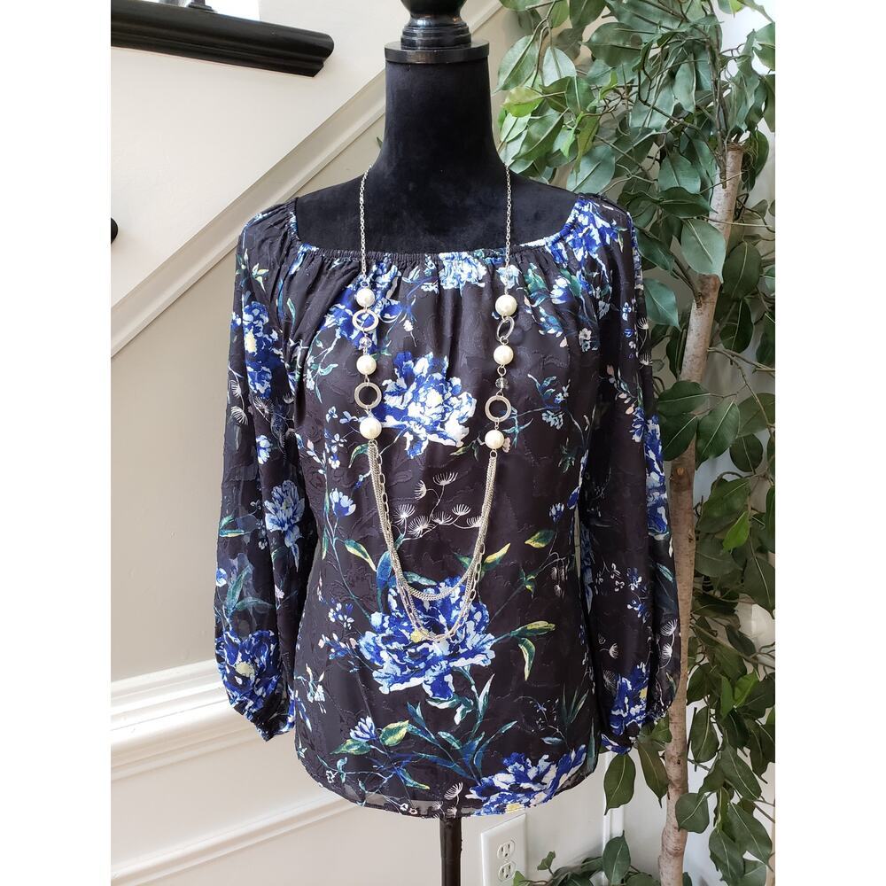 WHBM Top Blouse Womens Medium Black Floral Sheer Lined Boat Neck Pullover